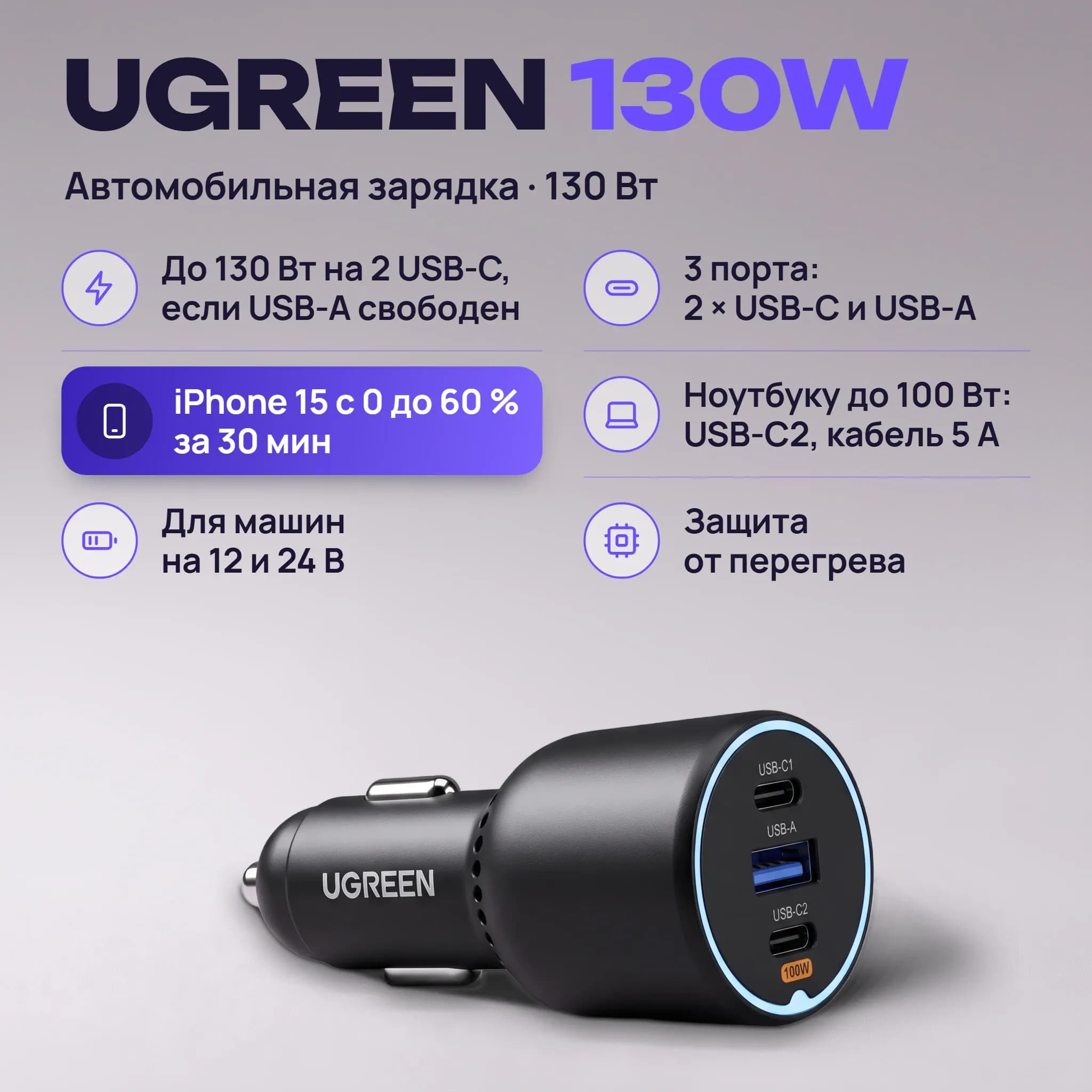 Автомобильное зарядное устройство UGREEN 130W 3-Port