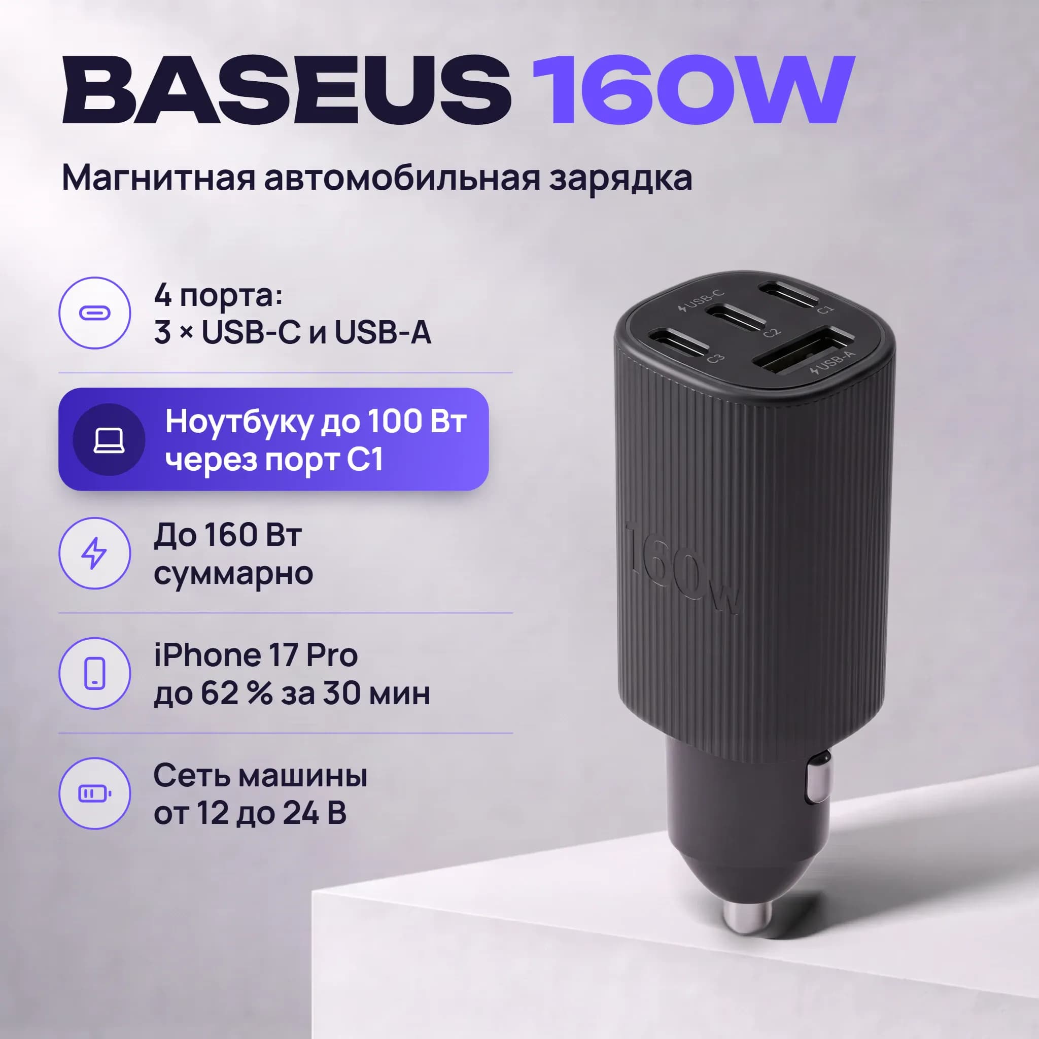 Автомобильное зарядное устройство Baseus PrimeTrip VP2, 160 Вт