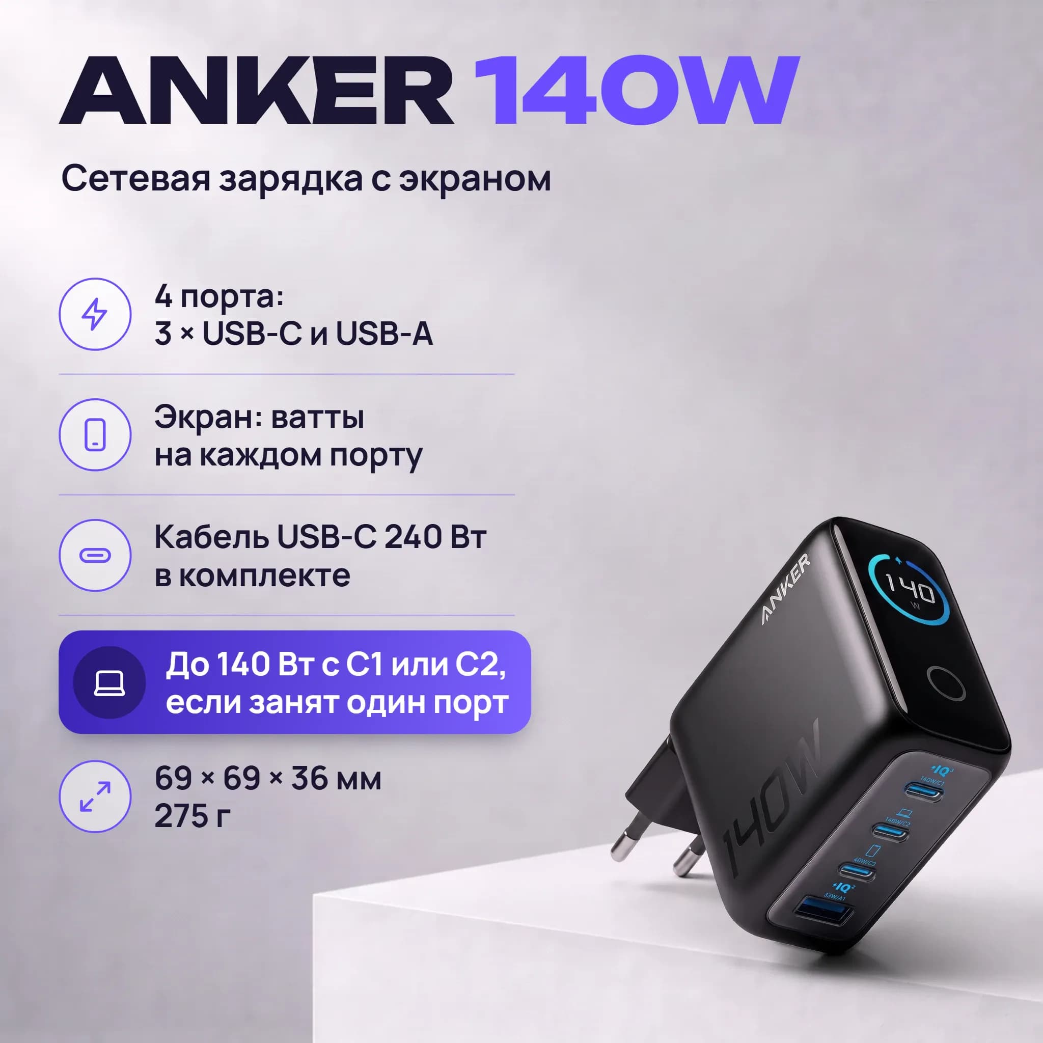 Сетевое зарядное устройство Anker Zolo 140W, чёрный